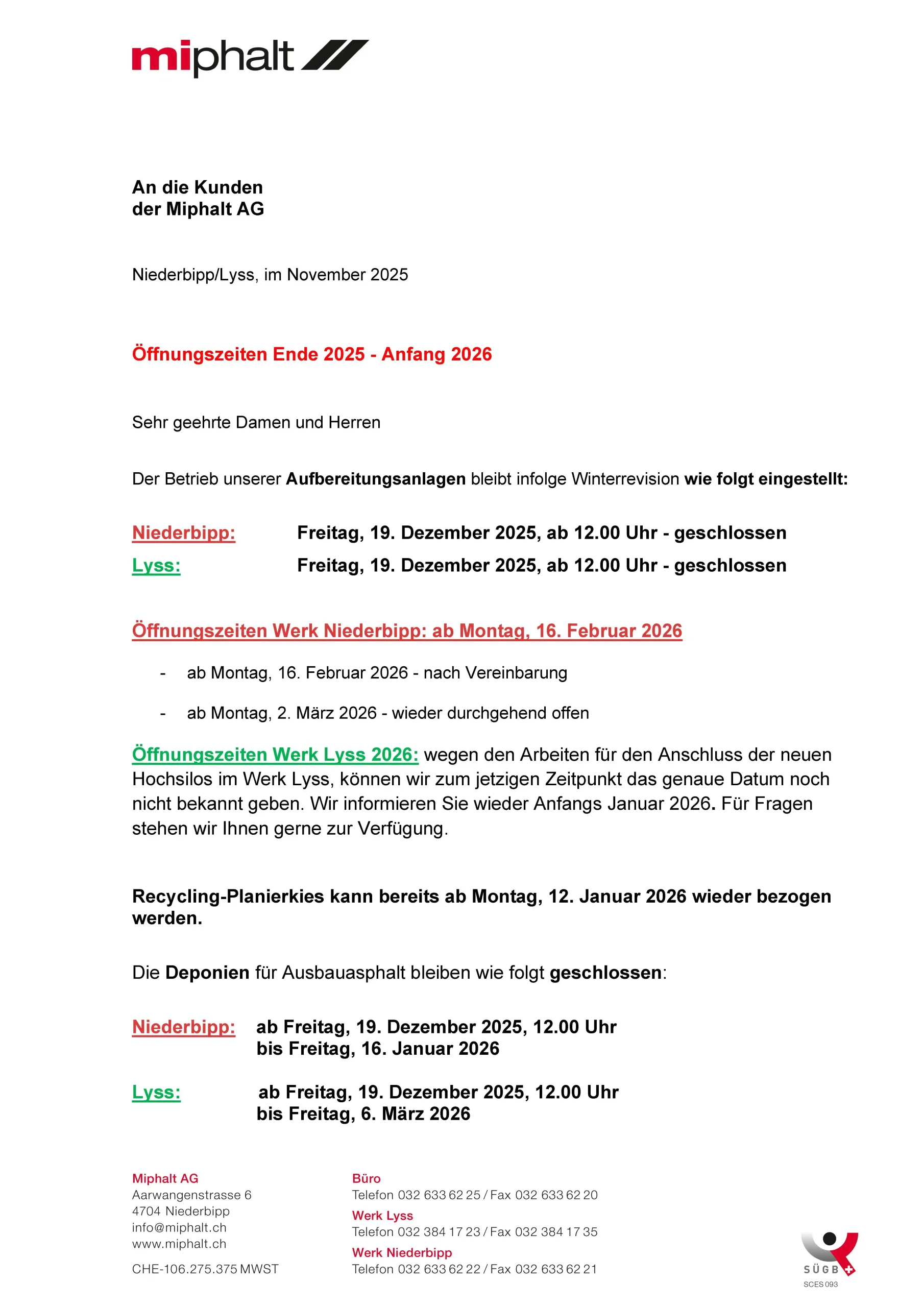 Miphalt Information Öffnungszeiten Weihnachten 2025 und Neujahr